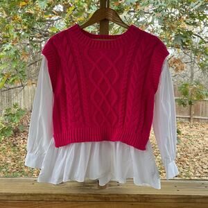 English Factory Women's Chunky Cable Knit Twofer Sweater Bright Pink Size M